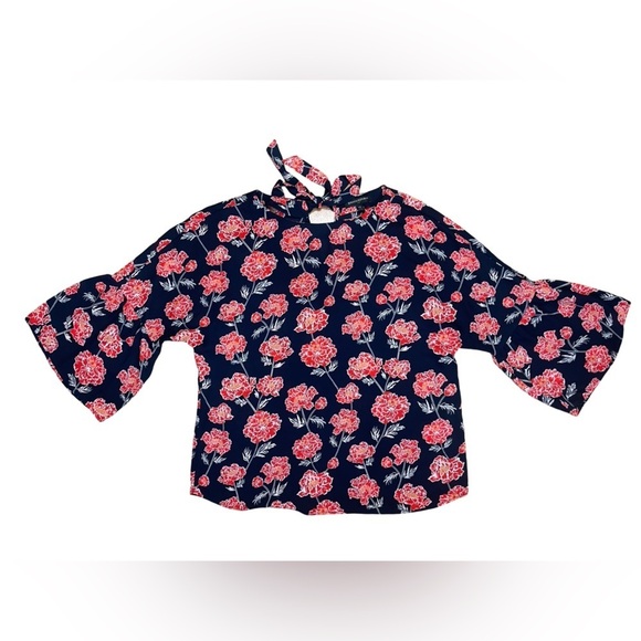 Banana Republic Floral Blouse Women XS Navy Red Romantic Bell Sleeve - Picture 2 of 12